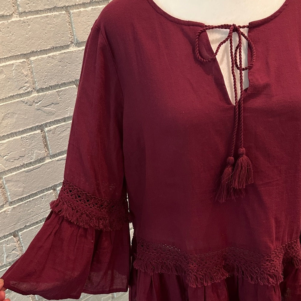 a.n.a Burgundy Blouse with Tassel and Lace Accents - Picture 4 of 9
